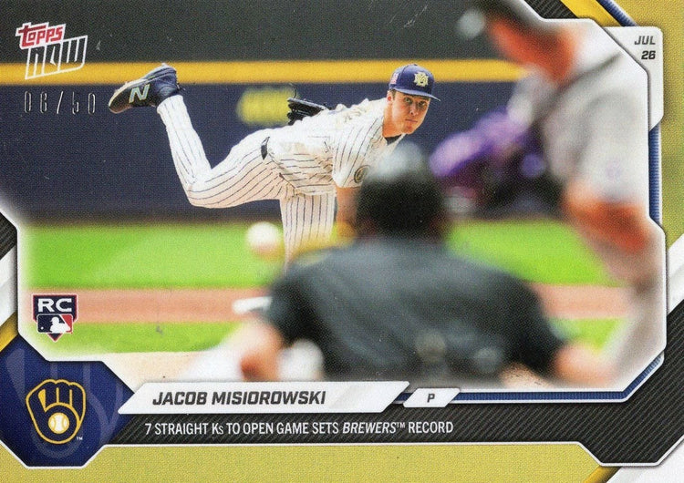2026 Topps Now Jacob Misiorowski #493 Gold Foil /50 7 Straight Ks to Open Game Sets Brewers Record Milwaukee Brewers Rookie RC Baseball Card