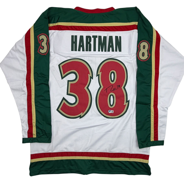 Autographed/Signed Ryan Hartman Minnesota White 25th Anniversary Hockey Jersey Beckett BAS COA