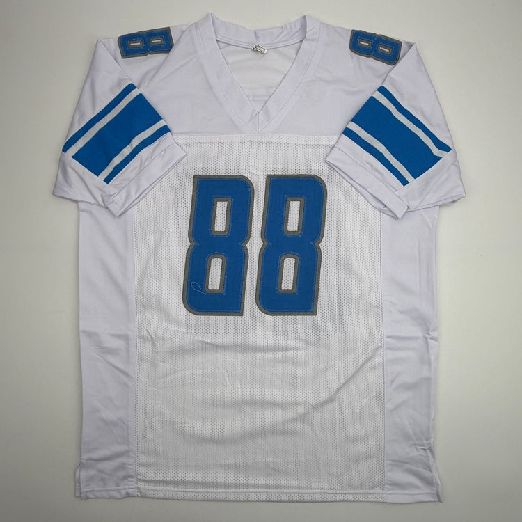Autographed/Signed TJ Hockenson Detroit White Football Jersey Beckett BAS COA