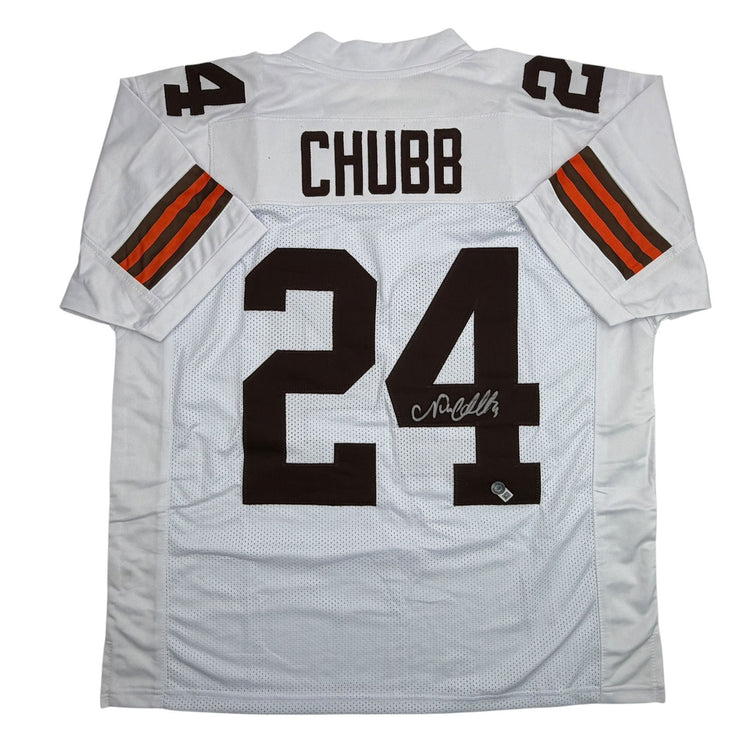 Autographed/Signed Nick Chubb Cleveland White Football Jersey Beckett BAS COA