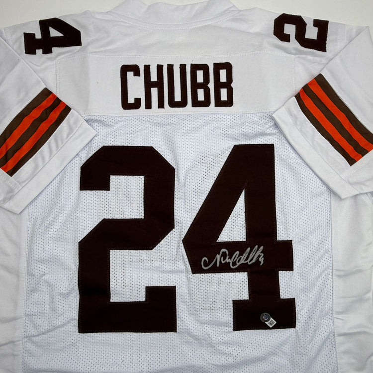 Autographed/Signed Nick Chubb Cleveland White Football Jersey Beckett BAS COA
