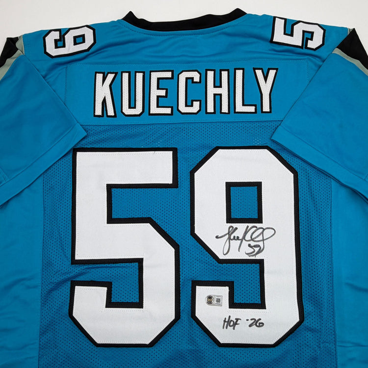 Autographed/Signed Luke Kuechly HOF 26 Carolina Blue Football Jersey Beckett BAS COA