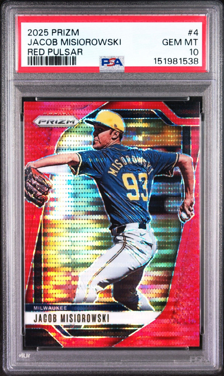 Graded 2025 Panini Prizm Jacob Misiorowski #4 Red Pulsar /399 Rookie RC Baseball Card PSA 10 Gem Mint
