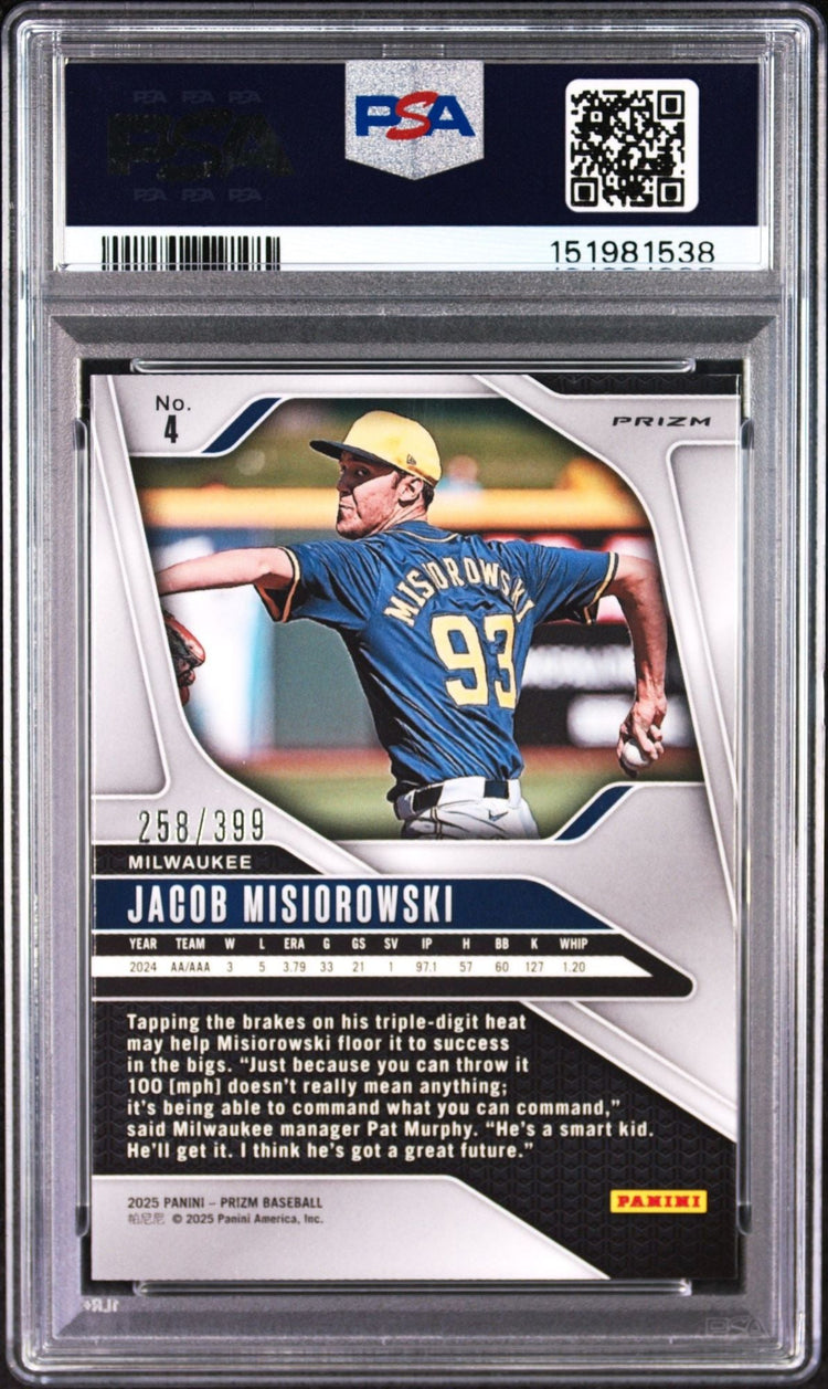 Graded 2025 Panini Prizm Jacob Misiorowski #4 Red Pulsar /399 Rookie RC Baseball Card PSA 10 Gem Mint