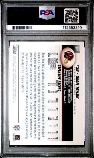 Graded 2004 Topps Sean Taylor #347 Collection Rookie RC Football Card PSA 10 Gem Mint