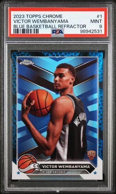 Graded 2023 Topps Chrome Victor Wembanyama #1 Blue Basketball Refractor Rookie RC Basketball Card PSA 9 Mint