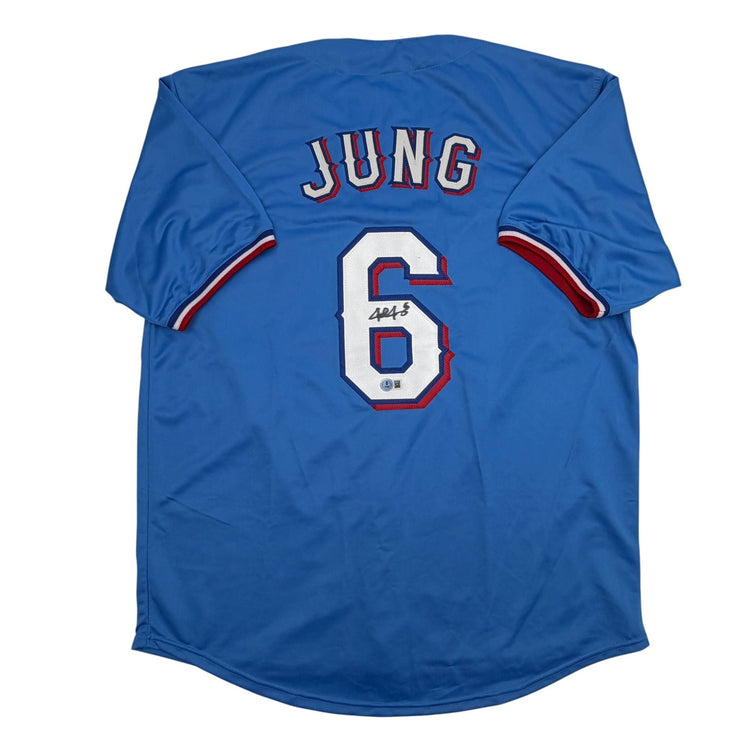 Autographed/Signed Josh Jung Texas Light Blue Baseball Jersey Beckett BAS COA