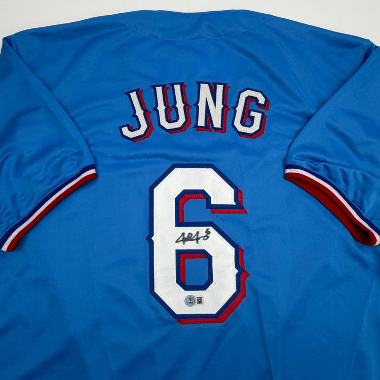 Autographed/Signed Josh Jung Texas Light Blue Baseball Jersey Beckett BAS COA