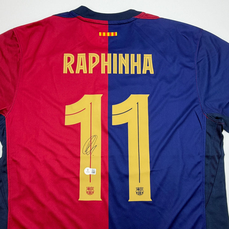 Autographed/Signed Raphinha Raphael Belloli FC Barcelona Navy #11 Soccer Jersey Beckett BAS COA