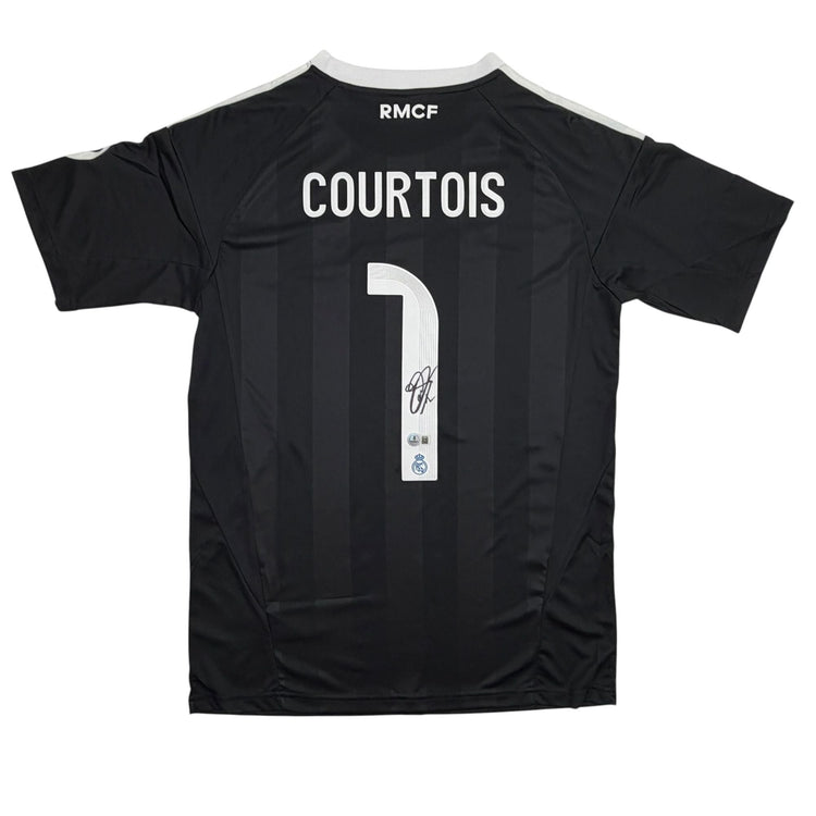 Autographed/Signed Thibaut Courtois Real Madrid Black Soccer Jersey Beckett BAS COA
