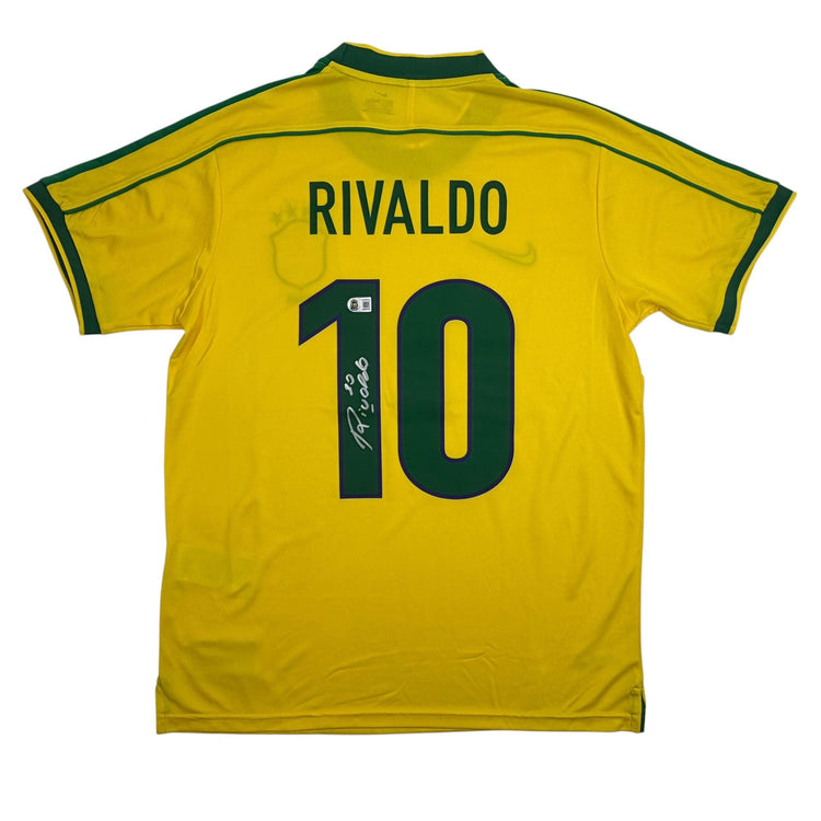 Autographed/Signed Rivaldo Brazil Yellow Soccer Futbol Jersey Beckett BAS COA