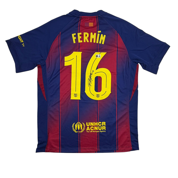 Autographed/Signed Fermin Lopez FC Barcelona Red/Blue Soccer Jersey Beckett BAS COA