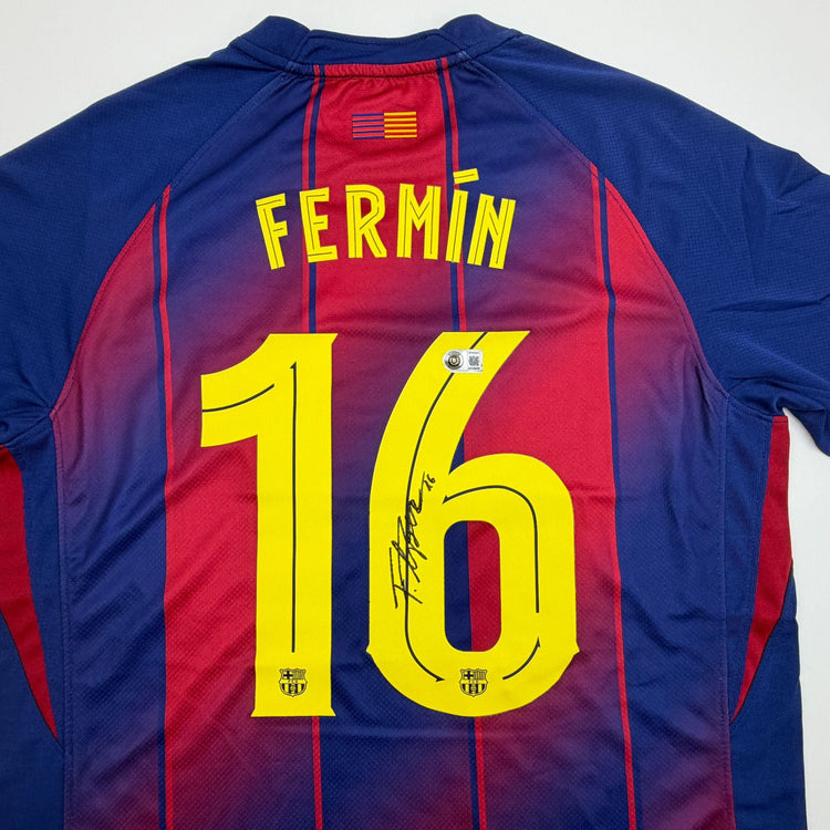 Autographed/Signed Fermin Lopez FC Barcelona Red/Blue Soccer Jersey Beckett BAS COA