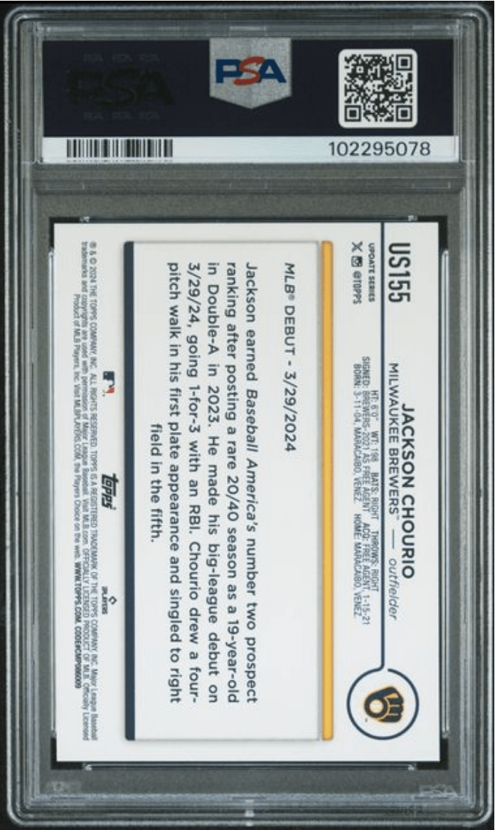 Graded 2024 Topps Update Jackson Chourio #US155 Rookie RC Baseball Card PSA 10 Gem Mint