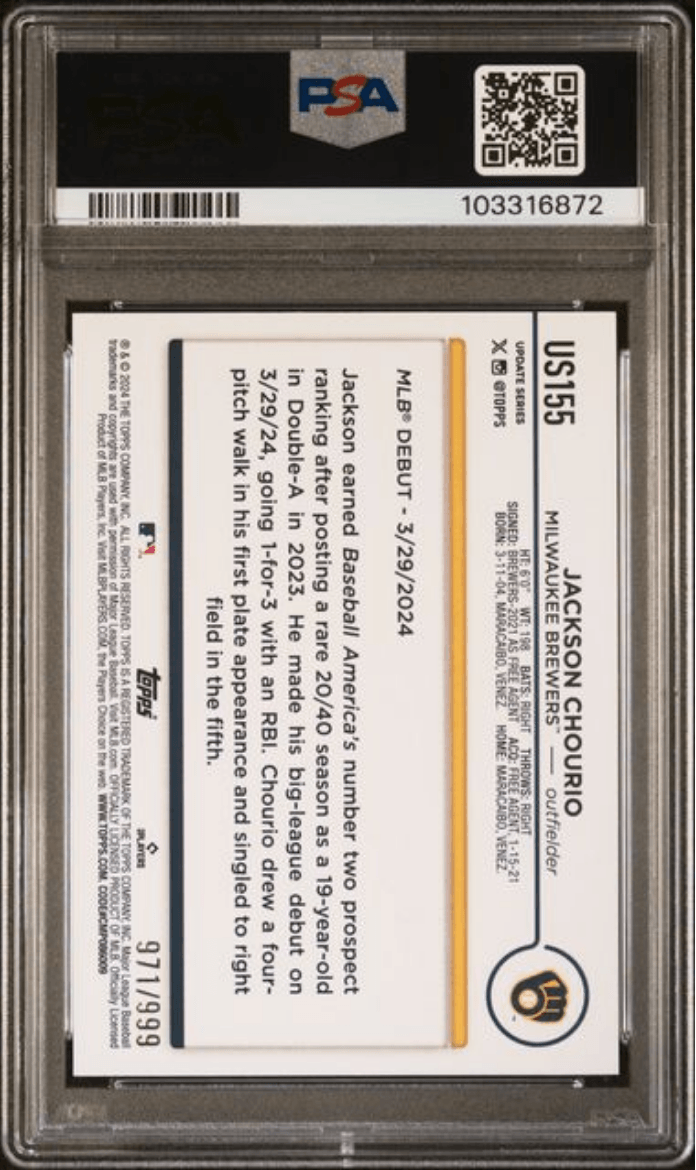 Graded 2024 Topps Update Jackson Chourio #US155 Blue Holo Foilboard /999 Rookie RC Baseball Card PSA 10 Gem Mint