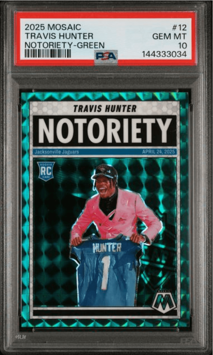 Graded 2025 Panini Mosaic Travis Hunter #12 Notoriety Green Rookie RC Football Card PSA 10 Gem Mint