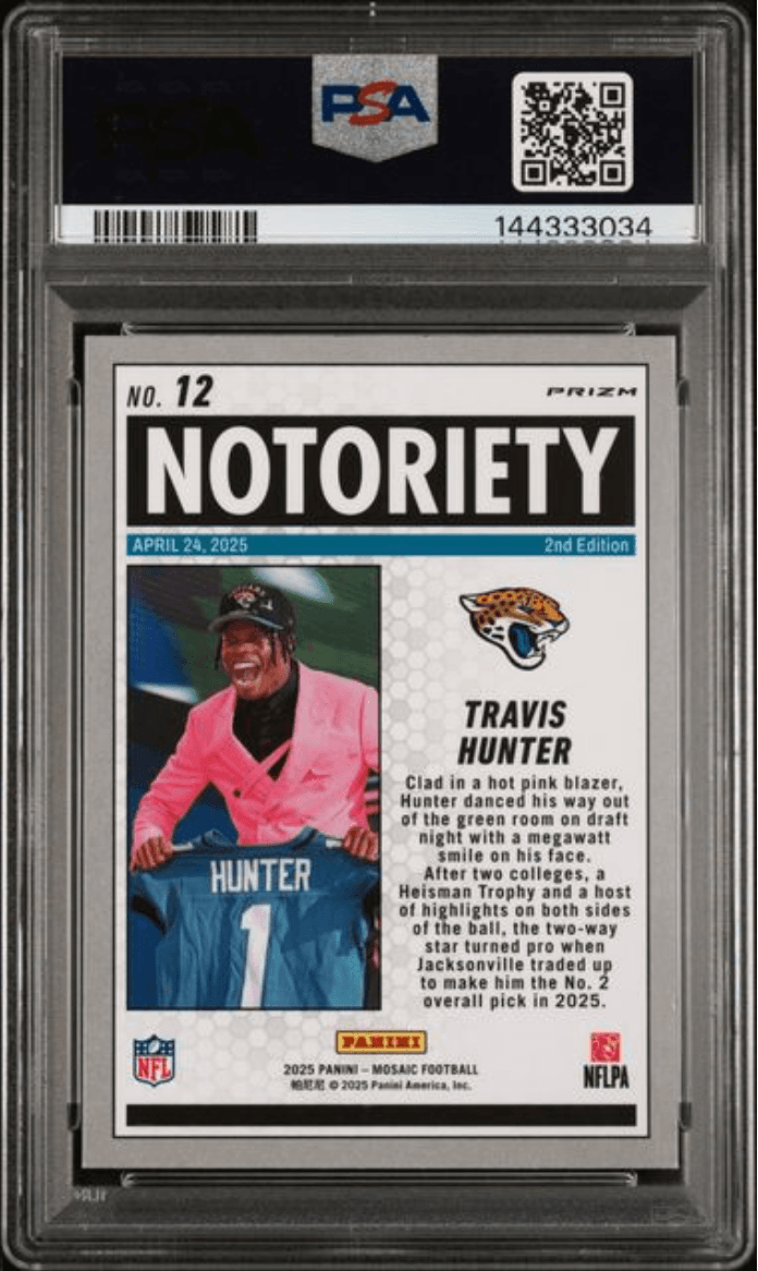 Graded 2025 Panini Mosaic Travis Hunter #12 Notoriety Green Rookie RC Football Card PSA 10 Gem Mint