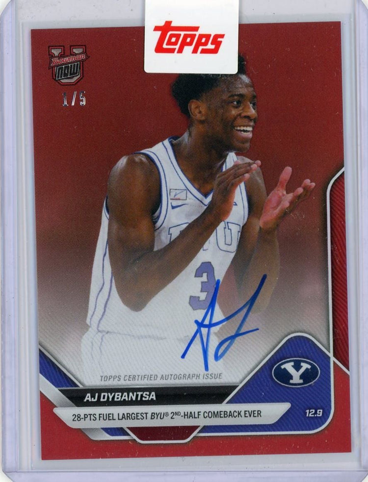 2025 Topps Bowman Now AJ Dybantsa #28B Red Auto /5 28 Points Fuels Largest BYU 2nd Half Comeback Ever BYU Cougars Rookie RC Basketball Card