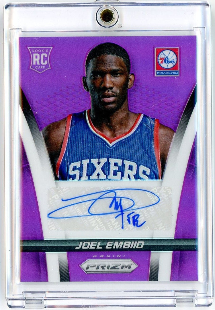 2014 Panini Prizm Joel Embiid #3 Purple Prizm Rookie Auto /99 Rookie RC Basketball Card