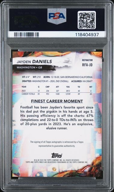 Graded 2024 Topps Finest Jayden Daniels #RFAJD Rookie Finest Auto Refractor Rookie RC Football Card PSA 10 Gem Mint