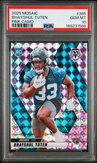 Graded 2025 Panini Mosaic Bhayshul Tuten #385 Pink Camo Rookie RC Football Card PSA 10 Gem Mint