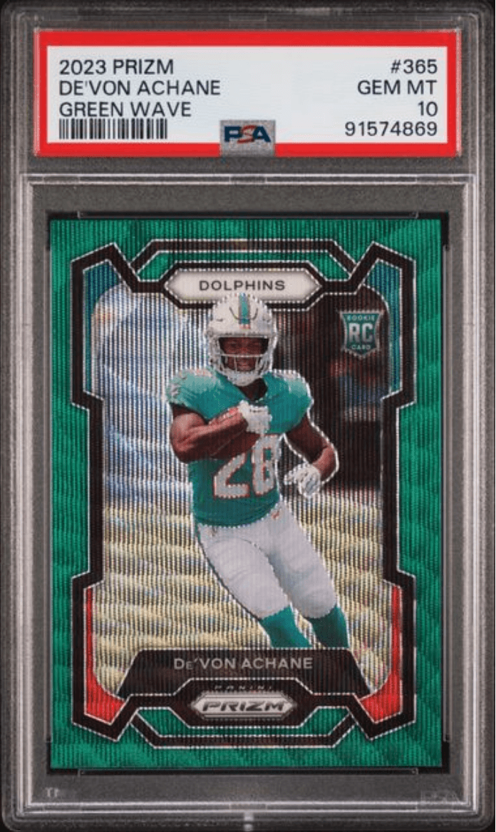 Graded 2023 Panini Prizm Devon Achane #365 Green Wave Rookie RC Football Card PSA 10 Gem Mint