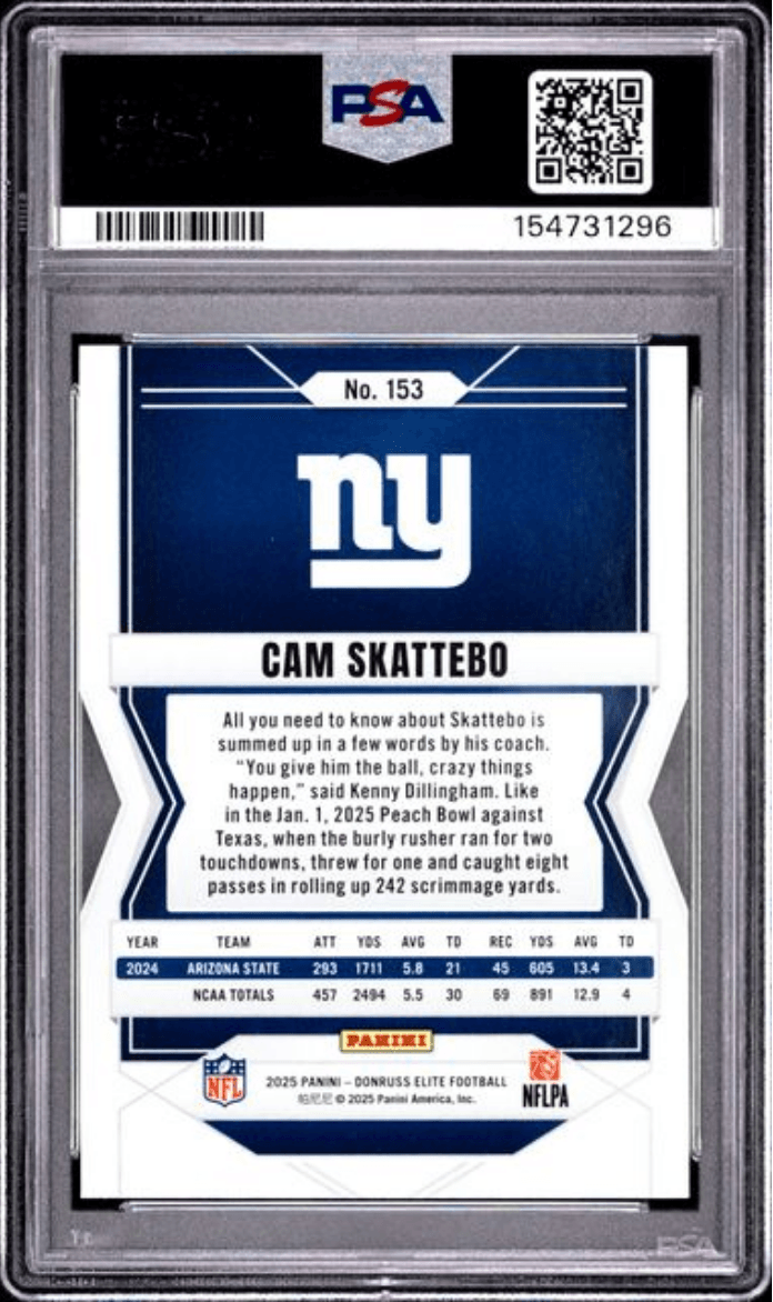 Graded 2025 Panini Donruss Elite Cam Skattebo #153 Green Disco Rookie RC Football Card PSA 10 Gem Mint