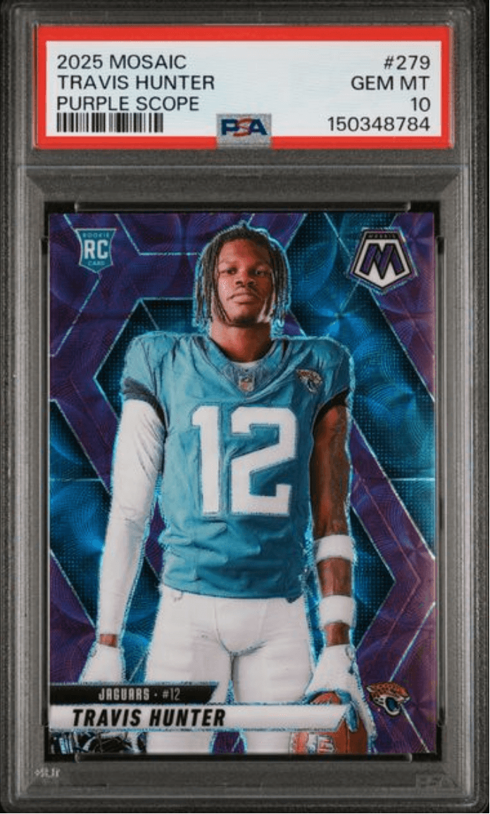 Graded 2025 Panini Mosaic Travis Hunter #279 Purple Scope Rookie RC Football Card PSA 10 Gem Mint