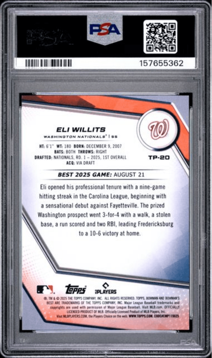 Graded 2025 Topps Bowmans Best Eli Willits #TP20 Top Prospects Yellow Refractor /75 Rookie RC Baseball Card PSA 10 Gem Mint