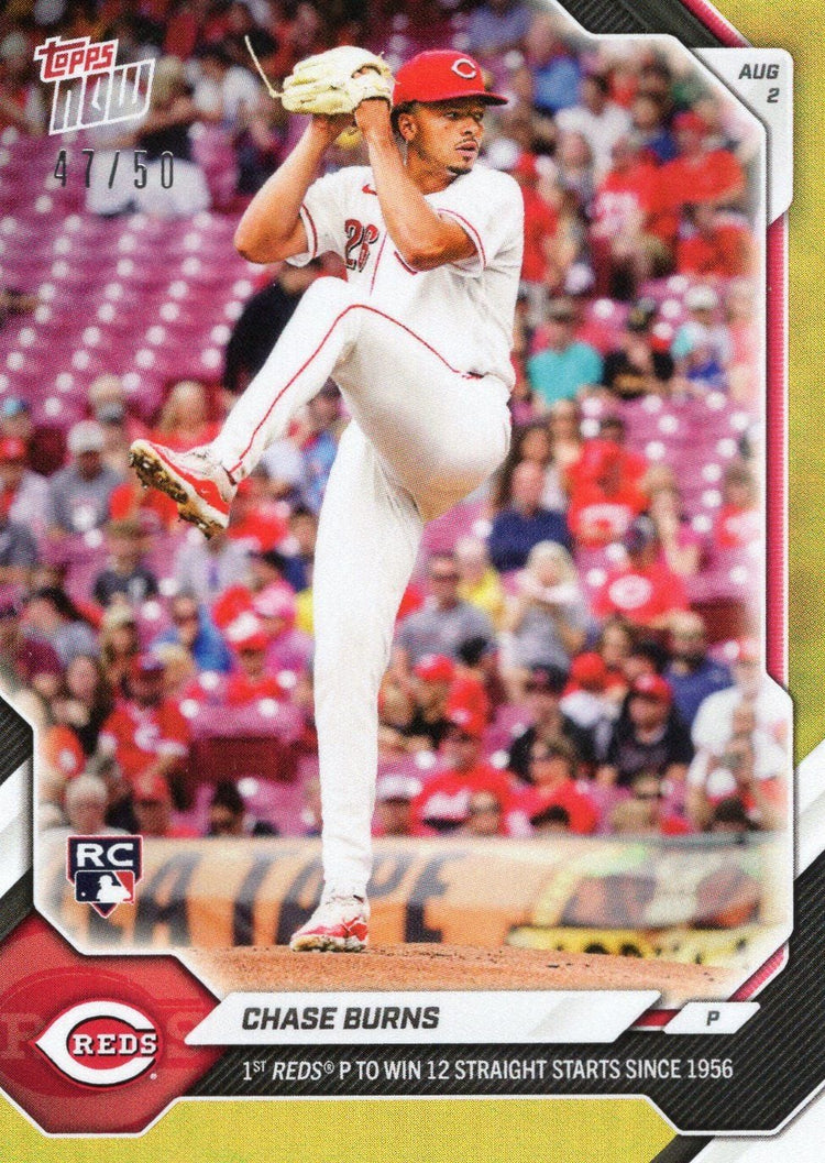 2026 Topps Now Chase Burns #512 Gold Foil /50 1st Reds Pitcher to Win 12 Straight Starts Since 1956 Cincinnati Reds Rookie RC Baseball Card