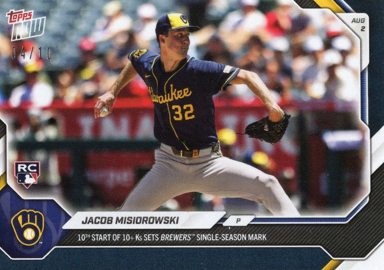 2026 Topps Now Jacob Misiorowski #513 Black Foil /10 10th Start of 10+Ks Sets Brewers Single Season Mark Milwaukee Brewers Rookie RC Baseball Card