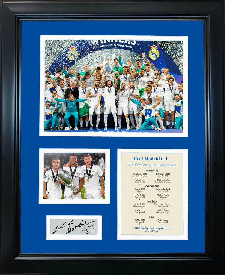 Framed Real Madrid CF 2021-2022 UEFA Champions League Winner Luka Modric Casemiro Toni Kroos Facsimile Laser Engraved Signature Auto 11"x14"Futbol Soccer Photo Sig Collage