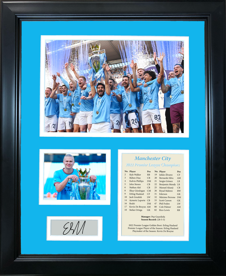 Framed Manchester City 2022-23 Premier League Champions Erling Haaland Facsimile Laser Engraved Signature Auto Soccer Futbol 11"x14" Photo Sig Collage