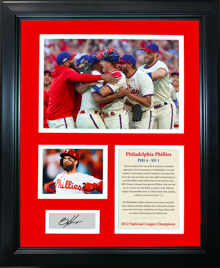 Framed Philadelphia Phillies 2022 NLCS National League Champions Bryce Harper MVP Facsimile Laser Engraved Signature Auto 11"x14" Baseball Photo Sig Collage