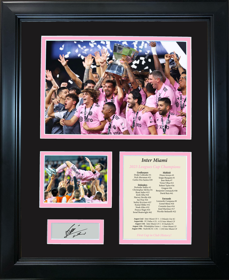 Framed Inter Miami CF 2023 Leagues Cup Champions Facsimile Laser Engraved Lionel Messi Signature Auto 11"x14" Soccer Futbol Photo Sig Collage
