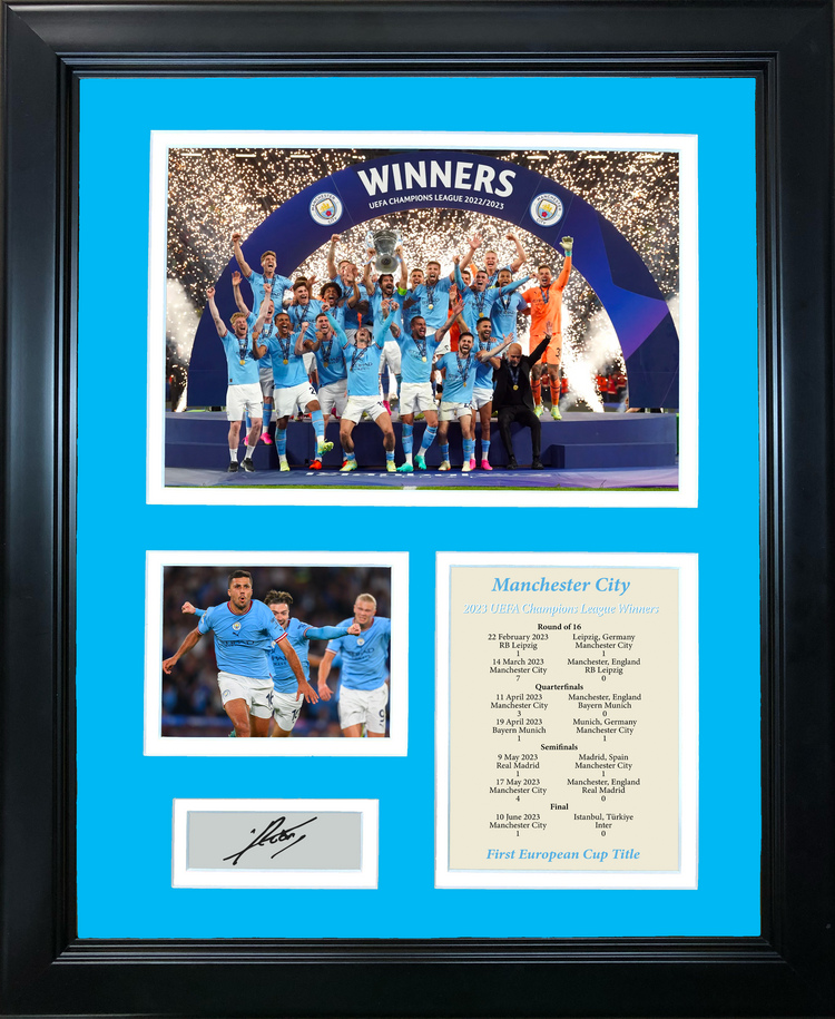 Framed Manchester City 2023 Champions League Winners Rodrigo Facsimile Laser Engraved Signature Auto Soccer Futbol 11"x14" Photo Sig Collage