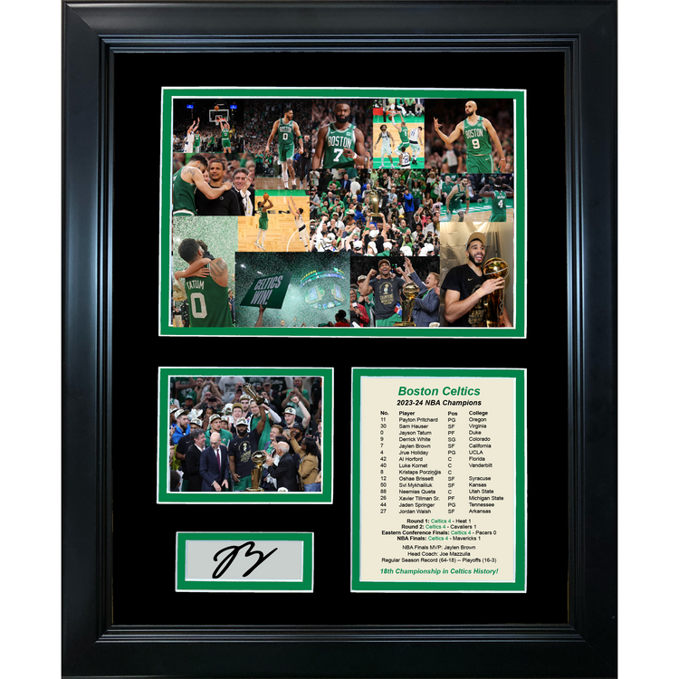 Framed Boston Celtics 2023-2024 NBA Champions Jaylen Brown MVP Facsimile Laser Engraved Signature Auto Basketball 11"x14" Photo Sig Collage