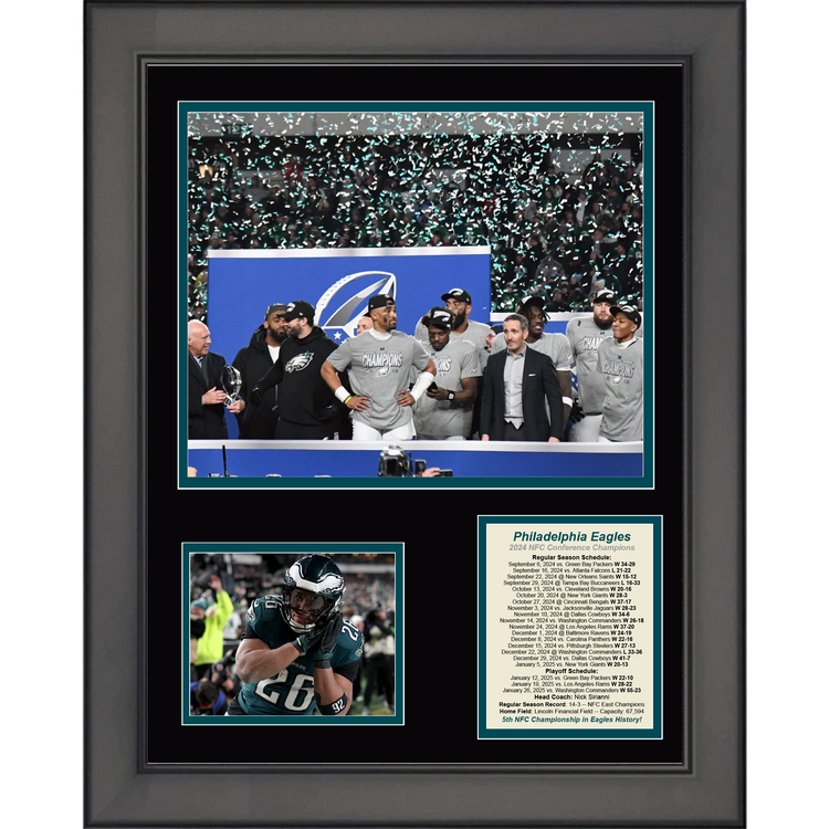 Framed Philadelphia Eagles 2024 NFC Conference Champions Football 11"x14" Three Photo Collage