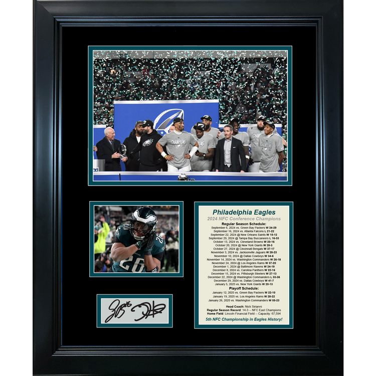 Framed 2024 Philadelphia Eagles NFC Champions Saquon Barkley Jalen Hurts Facsimile Laser Engraved Signature Auto Football 11"x14"Photo Sig Collage