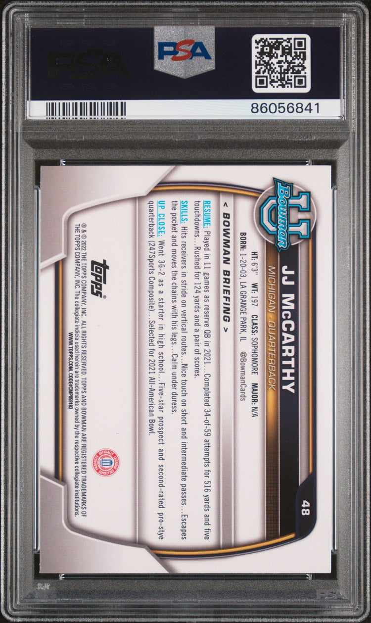 Graded 2022 Topps Bowman University JJ McCarthy #48 Chrome Prospects Rookie RC Football Card PSA 10 Gem Mint