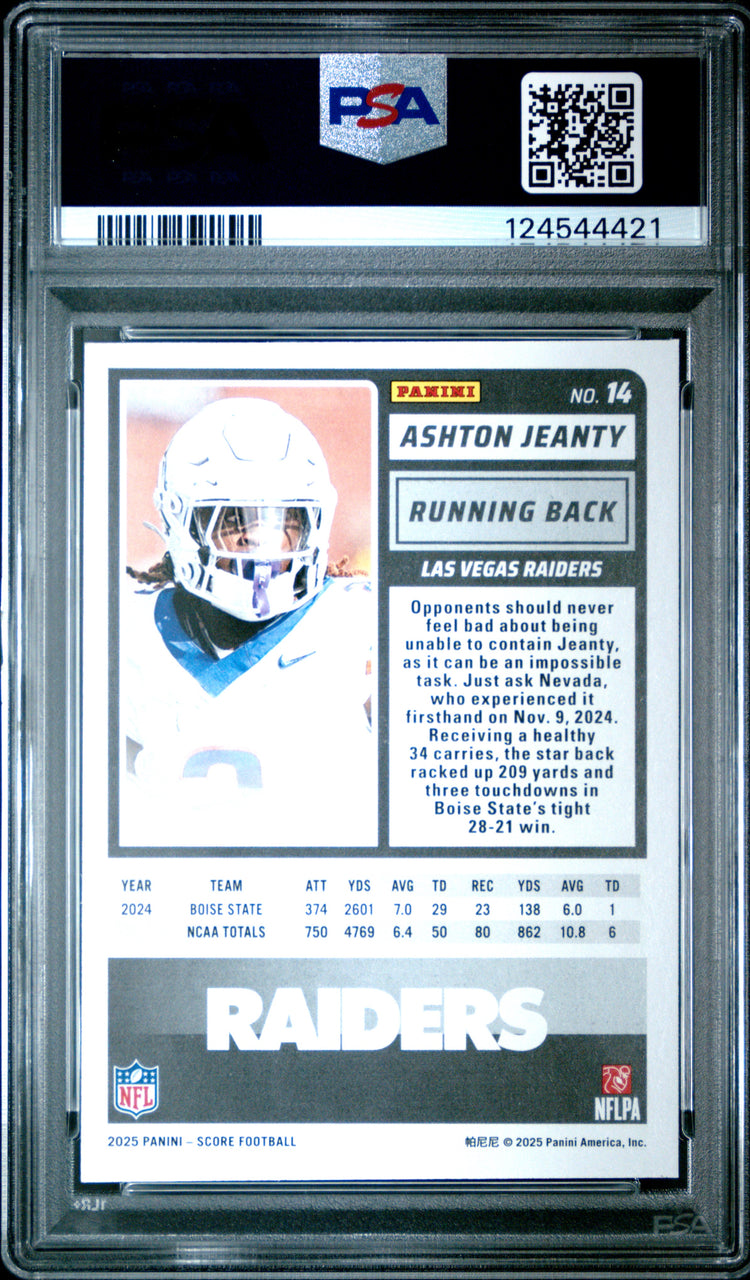 Graded 2025 Panini Score Ashton Jeanty #14 Rookie RC Football Card PSA 8 Near Mint