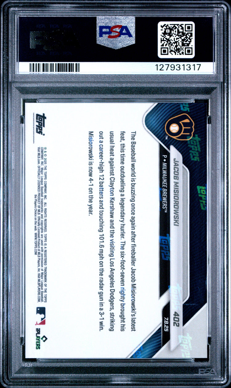 Graded 2025 Topps Now Jacob Misiorowski #402 Rookie RC Baseball Card PSA 9 Mint