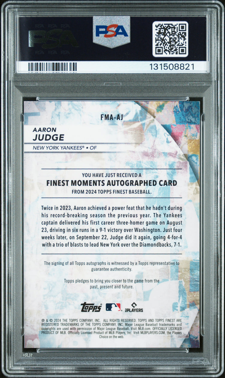 Graded 2024 Topps Finest Aaron Judge #FMA-AJ Finest Moments Autographs Baseball Card PSA 10 Auto Grade Gem Mint