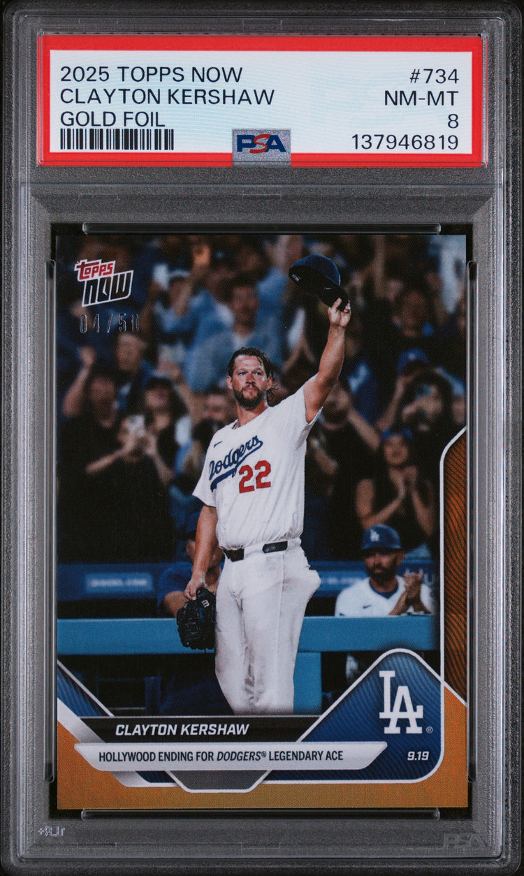 Graded 2025 Topps Now Clayton Kershaw #734 Gold Foil /50 Baseball Card PSA 8 Near Mint