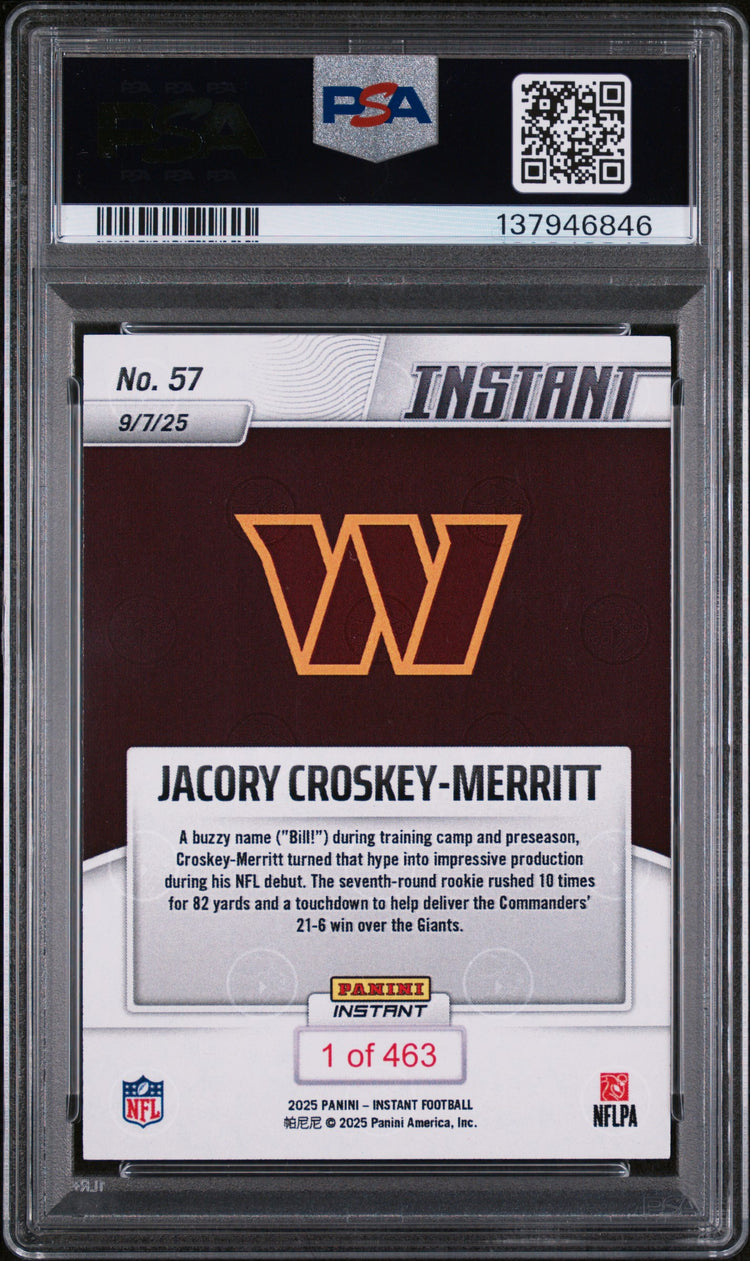 Graded 2025 Panini Instant Jacory Croskey-Merritt #57 Rookie RC Football Card PSA 9 Mint