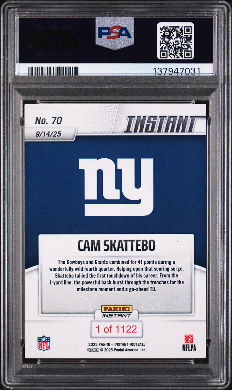 Graded 2025 Panini Instant Cam Skattebo #70 Rookie RC Football Card PSA 9 Mint