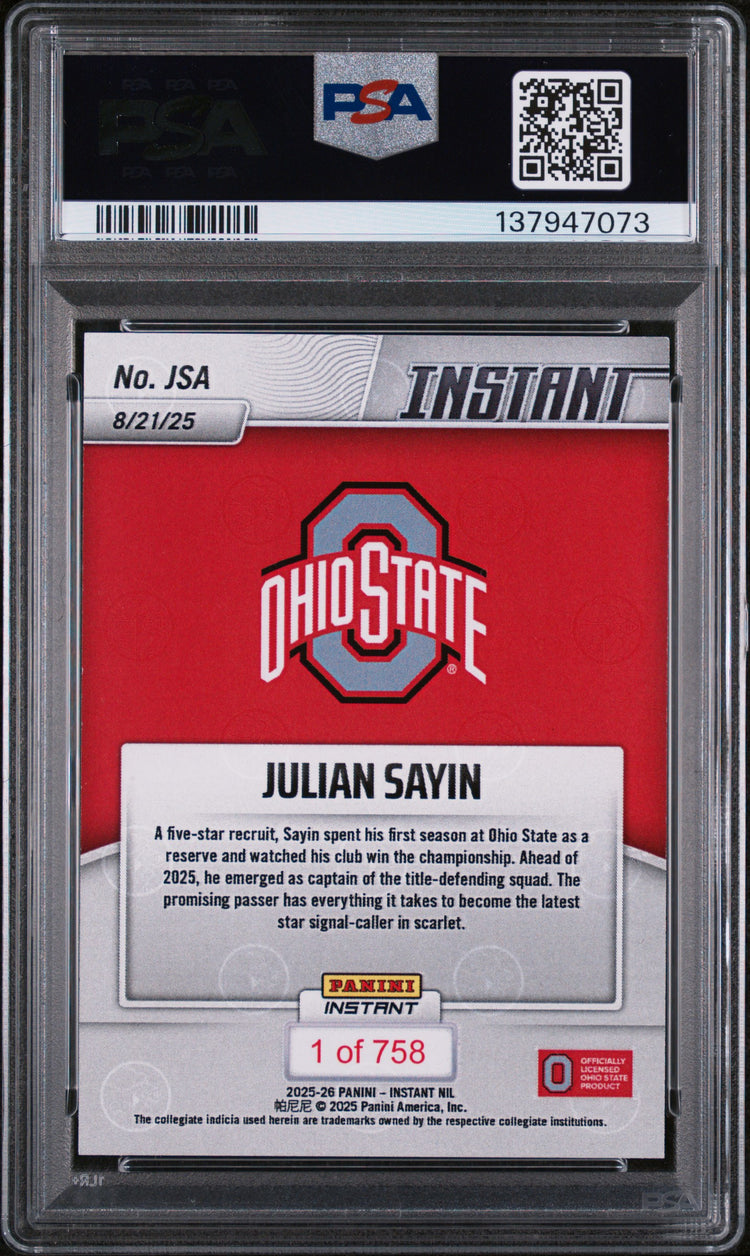 Graded 2025 Panini Instant NIL Julian Sayin #JSA Rookie RC Football Card PSA 9 Mint