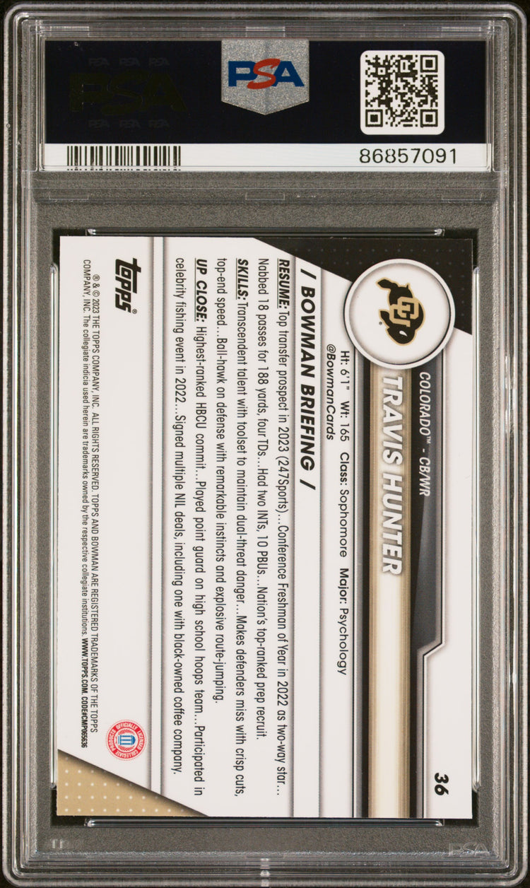 Graded 2023 Topps Bowman U Chrome Travis Hunter #36 Purple Shimmer Rookie RC Football Card PSA 10 Gem Mint