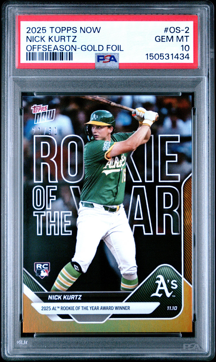 Graded 2025 Topps Now Nick Kurtz #OS2 Offseason Gold Foil /50 Rookie RC Baseball Card PSA 10 Gem Mint