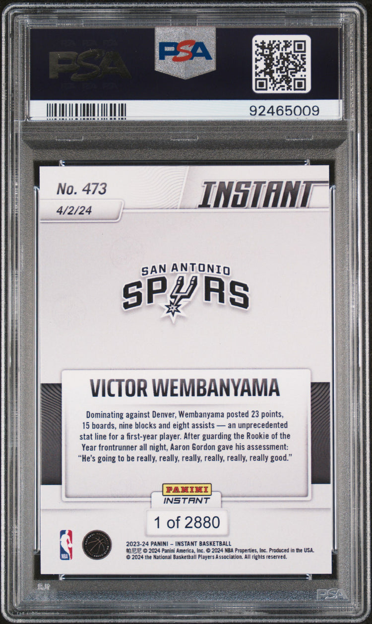 Graded 2023 Panini Instant Victor Wembanyama #473 Rookie RC Basketball Card PSA 10 Gem Mint